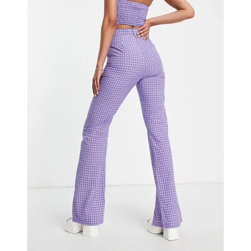 ASOS Heartbreak Purple Plaid Flare Pants Small Split Hems Flat Pockets NEW - Picture 8 of 8